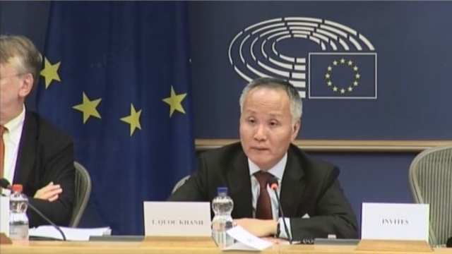 Thứ trưởng Bộ Công thương Việt Nam Trần Quốc Khánh tại buổi điều trần của Ủy ban thương mại quốc tế thuộc Nghị viện châu Âu (INTA) hôm 10/10/2018 tại Brussels. Ảnh chụp từ màn hình trang web của Nghị viện châu Âu (European Parliament)