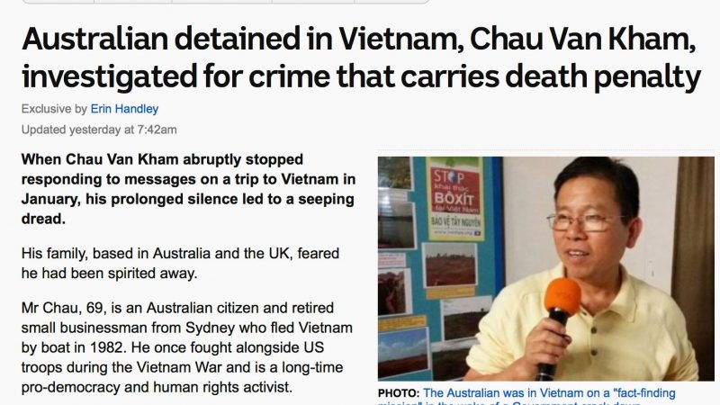 Ông Châu Văn Khảm, người Úc, bị bắt giữ ở Việt Nam, bị điều tra về tội danh có mức án tử hình (Ảnh chụp từ ABC News)