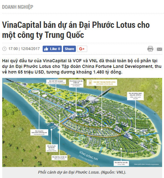 VinaCapital bán dự án Đại Phước Lotus cho một công ty Trung Quốc (Tập đoàn China Fortune Land Development) tháng 4/2017. Ảnh: VinaLand Limited (VNL)