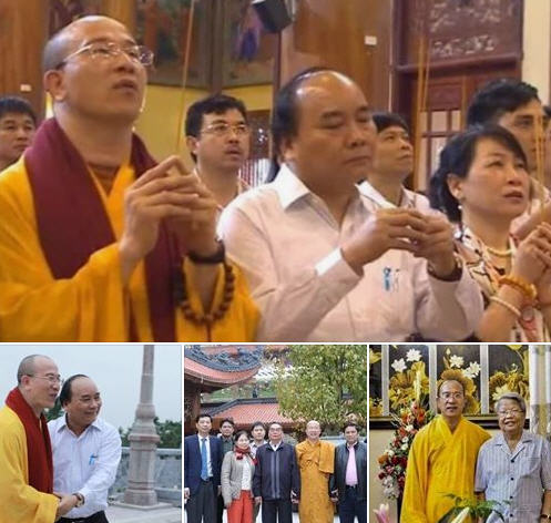 Các quan chức CSVN cao cấp nhất viếng thăm chùa Ba Vàng chụp hình lưu niệm cùng sư trụ trì. Ảnh: Facebook