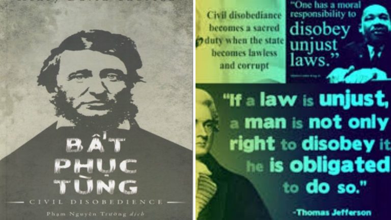 Bìa sách Bất Phục Tùng của tác giả Henry David Thoreau, Phạm Nguyên Trường dịch (trái) và các danh nhân thế giới khác với cùng ý tưởng.