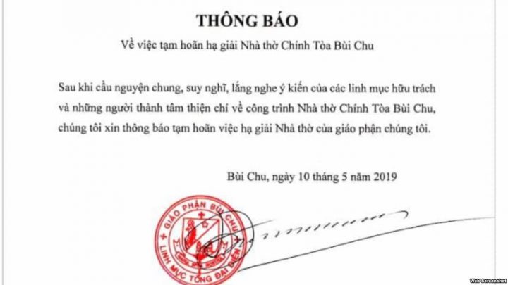 Thông báo của giáo phận Bùi Chu ngày 10/5/2019. Ảnh: VOA