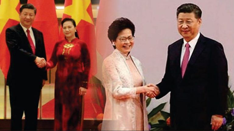 Chủ Tịch Trung Quốc Tập Cận Bình bất tay Chủ Tịch Quốc Hội Việt Nam (ảnh trái) và Trưởng Đặc Khu Hong Kong (ảnh phải). Ảnh: FB VIệt Tân