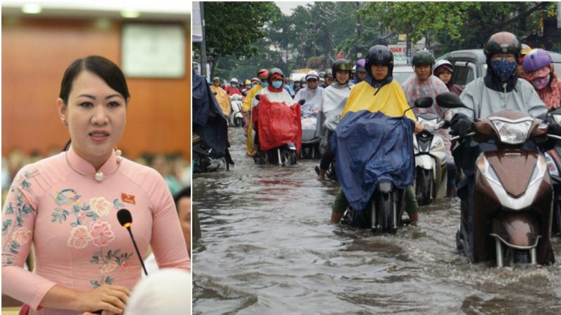 Đại biểu HĐND TP. HCM, bà PGS. TS Phan Thị Hồng Xuân, với giải pháp đề nghị dùng lu chống vấn nạn ngập lụt của thành phố nầy gây nhiều tranh cãi. Ảnh: Việt Tân edit