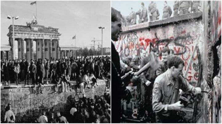 Dân chúng Đức vui mừng về sự kiện bức tường Berlin sụp đổ đêm 9 tháng Mười Một, 1989, dẫn đến việc thống nhất nước Đức và chấm dứt cuộc chiến tranh lạnh, tại Công Trường Brandenburg sáng ngày 10 tháng Mười Một, 1989. Ảnh: theatlantic.com / viettan.org edit