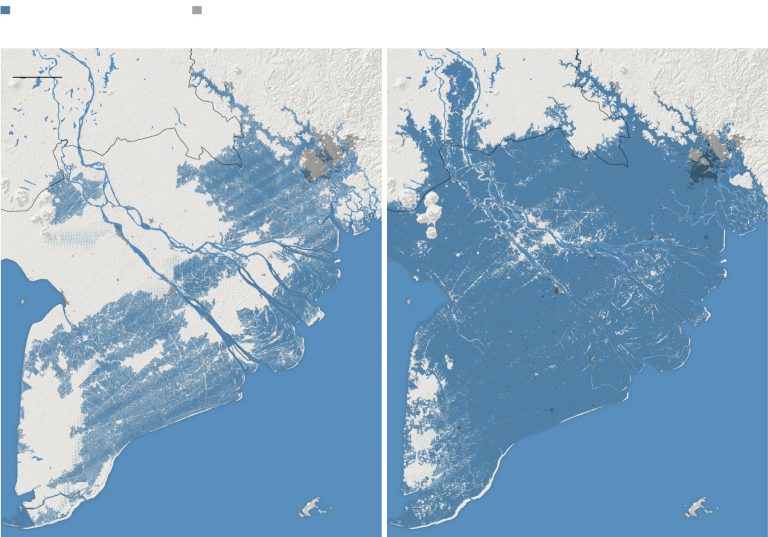 Dự báo cũ (trái) và mới (phải) tới năm 2050 nước biển dâng cao ảnh hưởng đối với vùng đất miền Nam, trong đó có vùng ĐBSCL. Ghi chú của ảnh: Màu xậm là vùng đất chìm dưới mặt nước khi thủy triều lên (nước lớn), màu xám là vùng dân cư. Ảnh: New York Times 29/10/2019