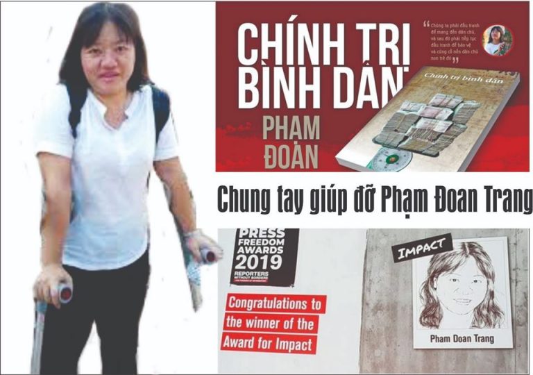 Mạng xã hội kêu gọi quyên góp giúp blogger Phạm Đoan Trang, tác giả sách "Chính Trị Bình Dân" chữa bịnh. Ảnh: FB Việt Tân