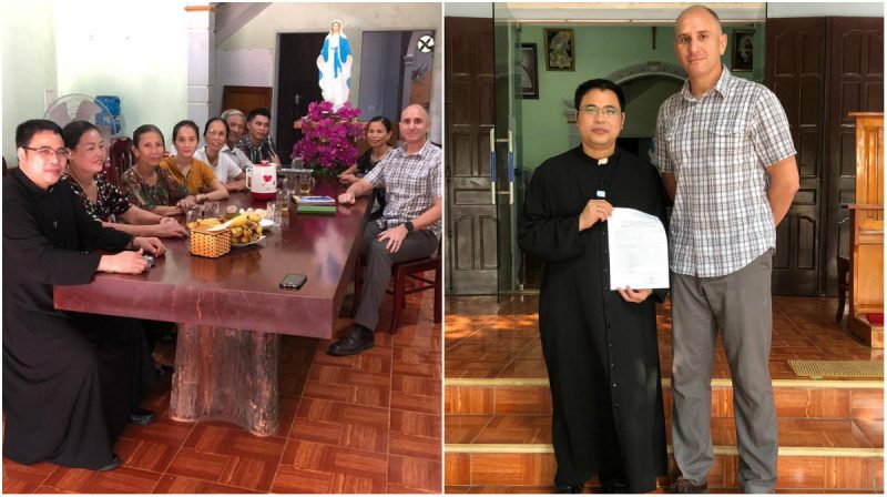 Tùy viên chính trị Tòa Đại Sứ Hoa Kỳ tại Việt Nam đến thăm LM Đặng Hữu Nam và gia đình các tù nhân lương tâm tại Nghệ An hôm 23/10/2019. Ảnh FB Lm An Thanh - viettan.org edit