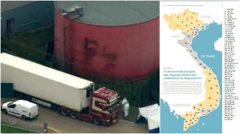 Hình trái: chiếc xe container chở 39 nạn nhân tử vong trên đường đưa lậu vào Anh; và (phải) ghi chú trên bản đồ “Les provinces d’origine…” có nghĩa là: “Những tỉnh có người nhập cư lậu…” (màu xám).
