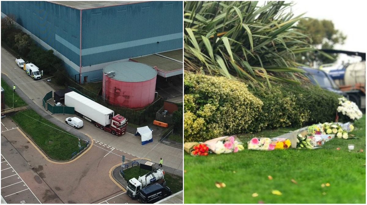 Hiện trường nơi phát giác chiếc xe container chở 39 nạn nhân tử vong trên đường đưa lậu vào Anh (trái) và các bó hoa người dân địa phương Essex tỏ lòng thương tiếc các nạn nhân.