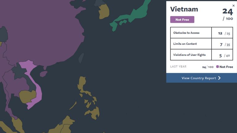 Việt Nam trong bảng xếp hạng Tự do Internet. Ảnh: RFA chụp màn hình Freedom House