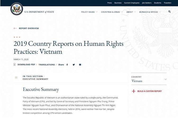 Hình ảnh bản báo cáo trên trang web chính thức của Bộ Ngoại Giao Hoa Kỳ, đăng ngày 11/03/2020.
