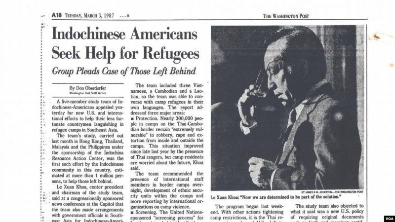 Bài báo Washington Post ngày 3 tháng 3, 1987, tường thuật buổi họp báo của tác giả tại Thượng Viện Hoa Kỳ. Ảnh: tác giả Lê Xuân Khoa cung cấp VOA