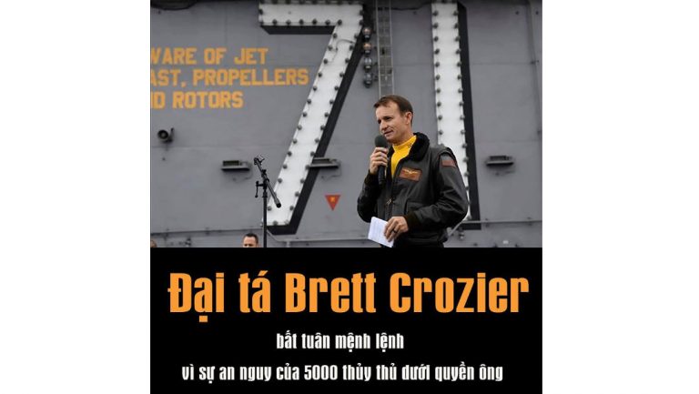 Đại Tá Brett Crozier, nguyên là hạm trưởng hàng không mẫu hạm USS Theodore Roosevelt của Mỹ, chiếc tàu vừa ghé thăm Đà Nẵng vào đầu tháng Ba, 2020. Ảnh: FB Việt Tân edited