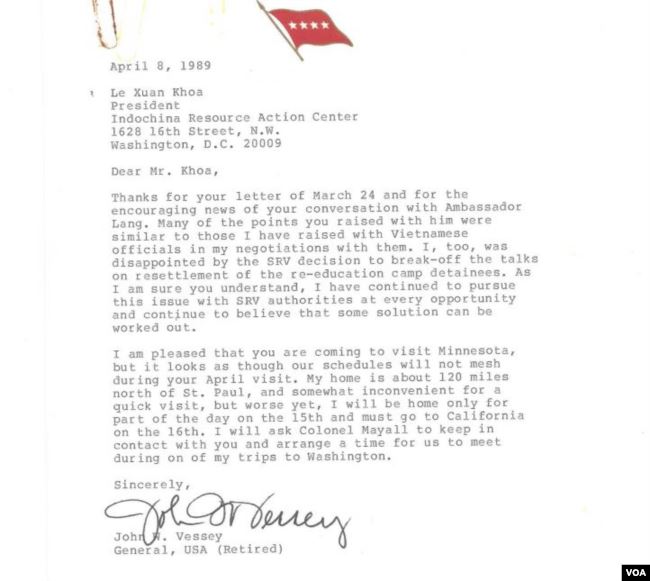 Một trong những bức thư tướng Vessey gởi ông Lê Xuân Khoa ngày 8/4/1989. Ảnh: tác giả cung cấp