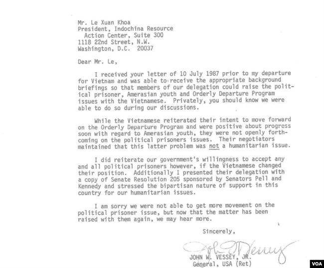 Một trong những bức thư tướng Vessey gởi ông Lê Xuân Khoa. Ảnh: tác giả cung cấp
