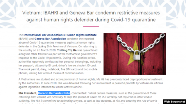 Hiệp Hội Luật Sư Quốc Tế (IBA) và Hội Đồng Luật Sư Geneva (GBA) vừa lên tiếng trường hợp của chuyên gia luật Trương Thị Hà hôm 21/04/2020. Ảnh: IBA