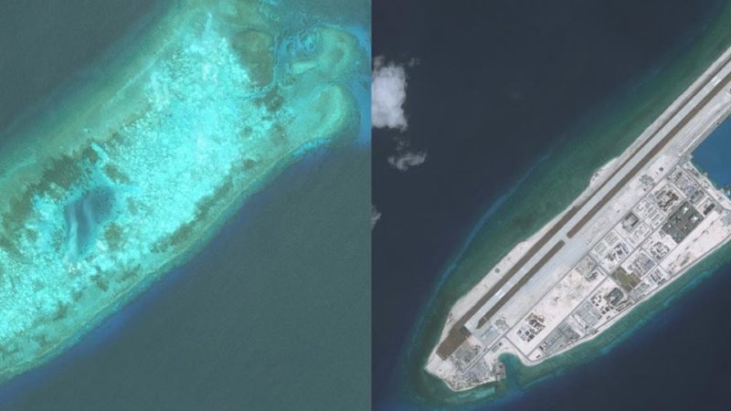 So sánh các không ảnh chụp Biển Đông năm 1995 (trái) và Biển Đông năm 2017 (phải) thấy khác nhau rất nhiều. Ảnh: FB Chính Luận Trần Trung Đạo