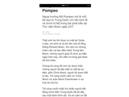 Mở đầu bài diễn văn của ông Pompeo đăng trên VNExpress.net trước khi bị lấy xuống. Ảnh: Báo Người Việt chụp từ iPhone