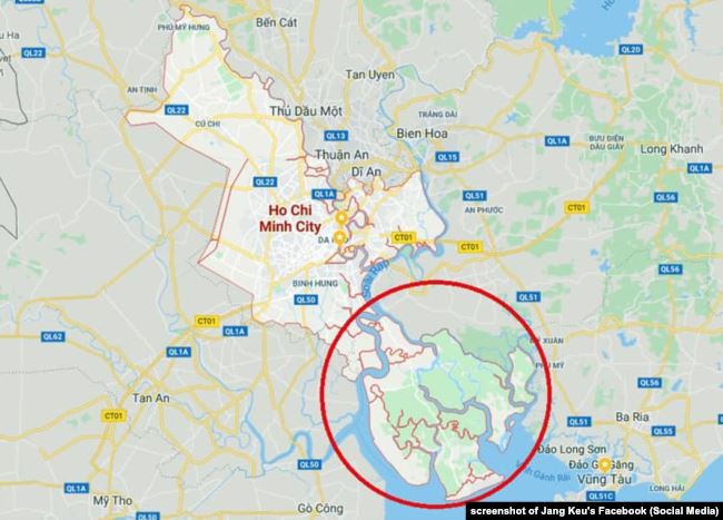 Bản đồ về địa điểm dự án lấn biển Cần Giờ, do Jang Kều đăng lên Facebook cá nhân. Ảnh: VOA