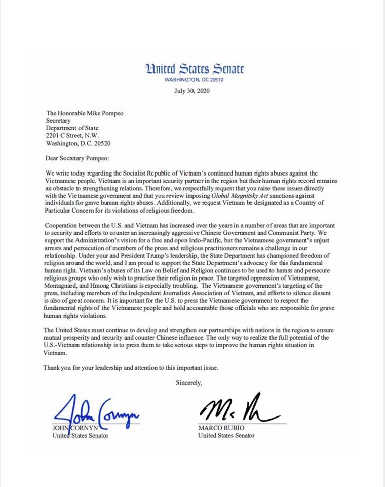 Bức thư Thượng Nghị Sĩ Cornyn và Thượng Nghị Sĩ Rubio gởi Ngoại Trưởng Mike Pompeo hôm 30/7/2020, yêu cầu Bộ Ngoại Giao Hoa Kỳ nêu vấn đề vi phạm nhân quyền trực tiếp với nhà cầm quyền CSVN.
