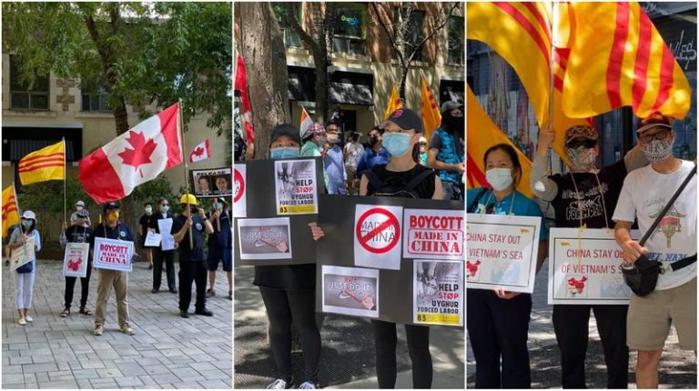 Đảng bộ Việt Tân Toronto và các thân hữu đồng hành cùng các sắc dân bạn biểu tình chống cộng sản Trung Quốc hôm 1/8/2020 tại thành phố Toronto, Canada. Ảnh: Việt Tân Toronto
