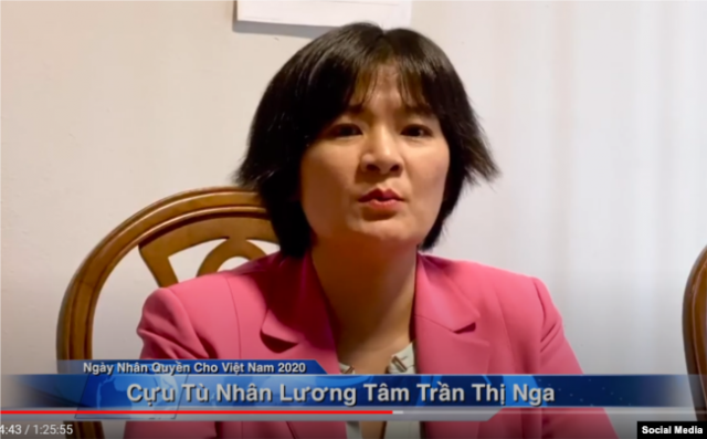 Cựu TNLT Trần Thị Nga phát biểu hôm 11/05/2020 trong sự kiện Ngày Nhân Quyền cho Việt Nam. Ảnh: Vietnam Human Rights Day via YouTube