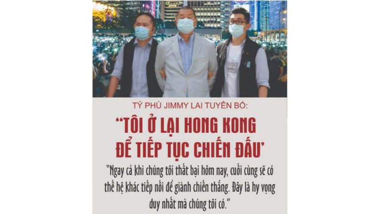 Tỷ phủ Hong Kong Jimmy Lai (giữa) bị nhà cầm quyền bắt giữ trong nỗ lực của Hoa Lục nhằm triệt hạ phong trào đấu tranh dân chủ Hong Kong. Ảnh: FB Việt Tân
