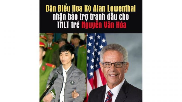 Dân Biểu Hoa Kỳ Alan Lowenthal bảo trợ tù nhân lương tâm Nguyễn Văn Hóa, người đang bị giam giữ với bản án 7 tù giam bởi cáo buộc "tuyên truyền chống nhà nước" theo điều 88, Bộ Luật Hình Sự. Ảnh: FB Việt Tân