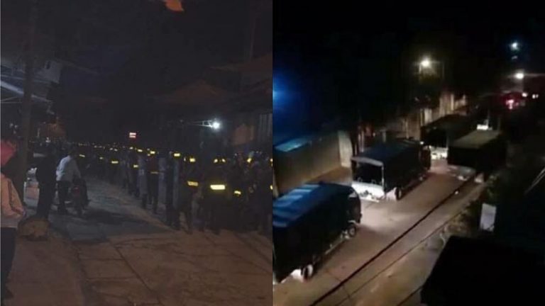 Hình ảnh lan truyền trên mạng xã hội cho thấy đông đảo lực lượng cảnh sát cơ động đang tiến về thôn Hoành, xã Đồng Tâm, huyện Mỹ Đức, ngoại thành Hà Nội sáng sớm ngày 9/1/2020. Ảnh: Mạng xã hội, RFA edited