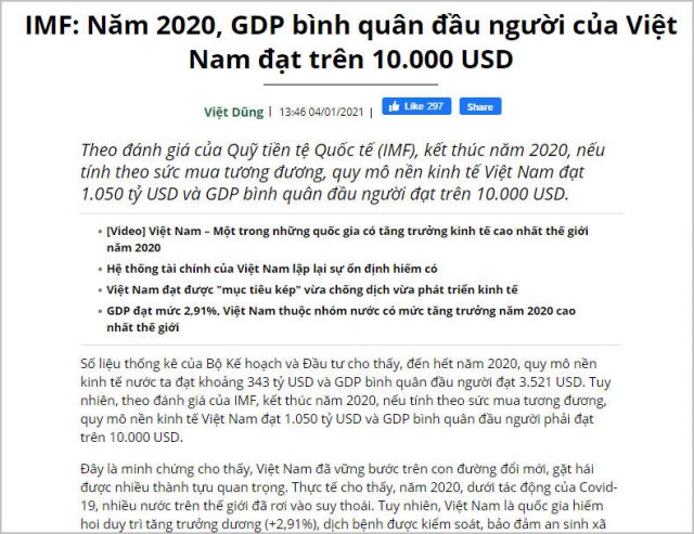 Ảnh chụp bài viết đăng trên Tạp Chí Tài Chính của Bộ Tài Chính hôm 04/01/2021, giựt tít IMF "đánh giá" GDP bình quân đầu người của Việt Nam năm 2020 đạt trên 10.000 USD(?) nhằm nâng khống "thành tựu kinh tế" của chính phủ Nguyễn Xuân Phúc.