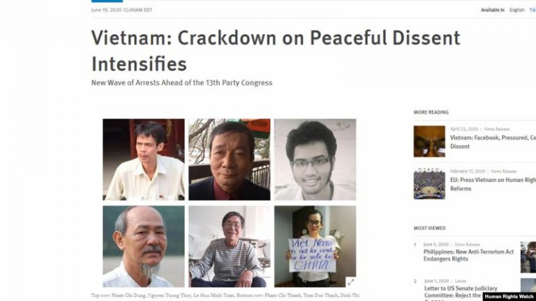 Tổ chức Theo dõi Nhân quyền (HRW) lên tiếng tố cáo Việt Nam gia tăng đàn áp những những người bất đồng chính kiến trước thềm đại hội 13. Ảnh: HRW