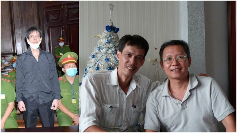 Ảnh trái: Nhà báo độc lập Phạm Chí Dũng trước tòa ngày 5/1/2020, và TS Dũng và tác giả Phạm Minh Hoàng.