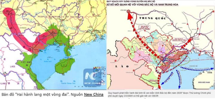 Ảnh trái: Bản đồ "Hai hành lang một vòng đai," nguồn: New China; và ảnh phải: Qui hoạch phát triển vành đai kinh tế ven biển Vịnh Bắc Bộ đến năm 2020 được thủ tướng chính phủ phê duyệt ngày 2/3/2009, có thể gắn kết với OBOR (One Belt One Road - Một vành đai - Một con đường).