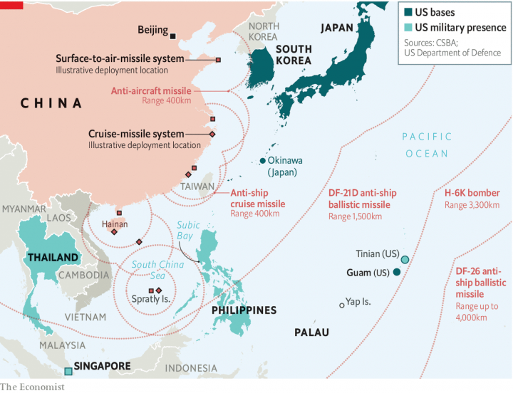 Hầu hết các căn cứ quân sự quan trọng của Mỹ bố trí tại Tây Thái Bình Dương nằm trong tầm bắn của hỏa tiễn Trung Cộng. Ảnh: The Economist