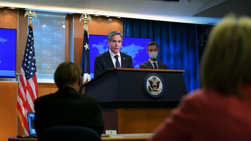 Ngoại Trưởng Mỹ Antony Blinken tại buổi công bố "Báo Cáo Thường Niên về Tình Hình Nhân Quyền Thế Giới" của Bộ Ngoại Giao Hoa Kỳ hôm 30/3/2021. Ảnh: AFP