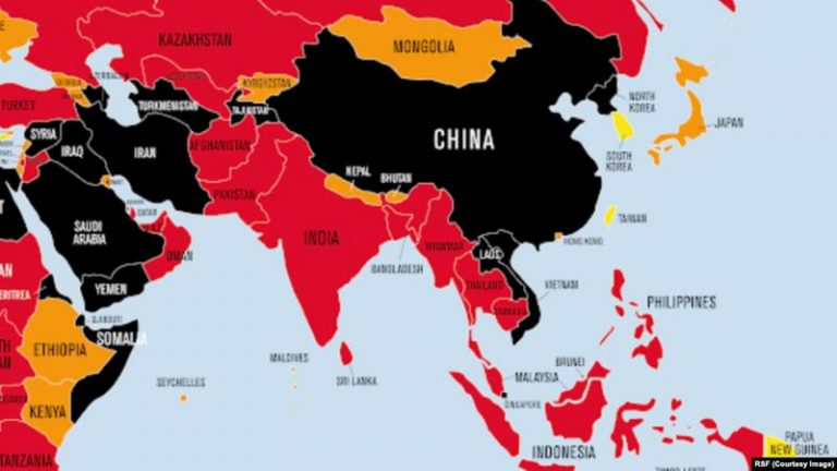 Bản đồ Chỉ Số Tự Do Báo Chí Thế Giới 2021 của Tổ chức Phóng Viên Không Biên Giới (RSF) cho thấy Việt Nam trong nhóm các nước màu đen vì có môi trường "rất tồi tệ" đối với tự do báo chí. Ảnh: RSF