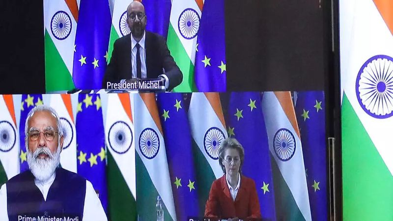 Cuộc họp thượng đỉnh Ấn Độ - Liên Hiệp Châu Âu, qua truyền hình hôm 15/07/2020. Ảnh: Yves Herman /AP