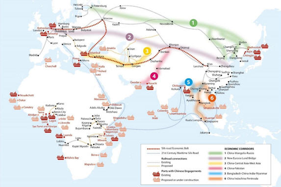 Bản đồ ‘Con Đường Tơ Lụa Mới’ gồm hai hệ thống đường bộ và đường thủy, mục đích là xây dựng sáu “hành lang kinh tế.” Tuy nhiên, nhiều quan sát viên quốc tế e ngại Bắc Kinh còn mưu tính một tham vọng chính trị. Ảnh: OECD