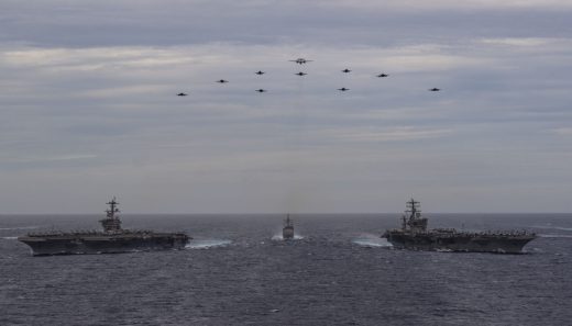 Hai hàng không mẫu hạm USS Nimitz và USS Roosevelt tập trận trên Biển Đông ngày 9/2/2021. Ảnh: US Navy