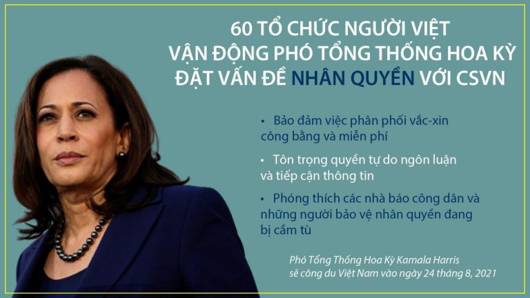 60 tổ chức người Việt vận động Phó Tổng Thống Hoa Kỳ Harris đặt vấn đề nhân quyền với CSVN