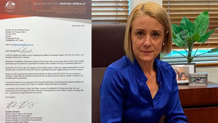Thượng Nghị Sĩ Úc Kristina Keneally vừa gởi thư đến Ngoại Trưởng Payne kêu gọi thúc đẩy nhà cầm quyền CSVN trả tự do ông Châu Văn Khảm. Ảnh: FB Việt Tân