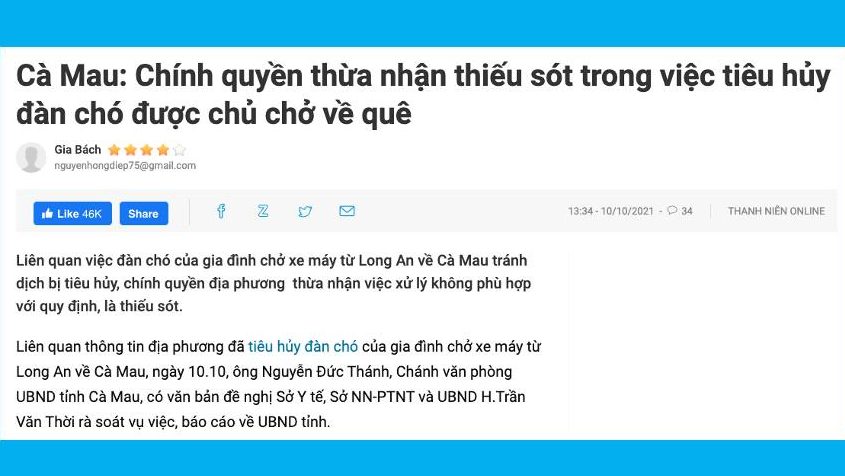 Ảnh chụp báo Thanh Niên đăng về vụ chính quyền huyện Trần Văn Thời, Cà Mau tiêu hủy 15 con chó theo chủ đưa về quê để trốn dịch. Ảnh: FB Nguyễn Tuấn