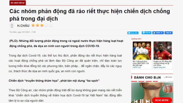 Bài báo của PLO dựng lên “màn kịch phản động” của đảng Việt Tân và các "thế lực thù địch" nhằm mục đích chính là để tô vẽ, đánh bóng "hình ảnh oai hùng" trong đại dịch của Bộ Trưởng Công An Tô Lâm. Ảnh chụp báo điện tử Pháp Luật TP.HCM