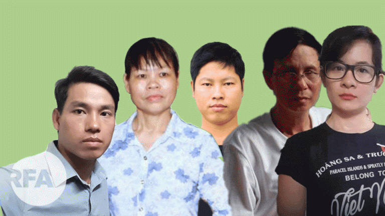 Những người nhận giải Nhân Quyền Việt Nam 2021: (từ trái qua) Trịnh Bá Tư, Cấn Thị Thêu, Trịnh Bá Phương, Nguyễn Văn Túc, Đinh Thị Thu Thủy. Ảnh: RFA