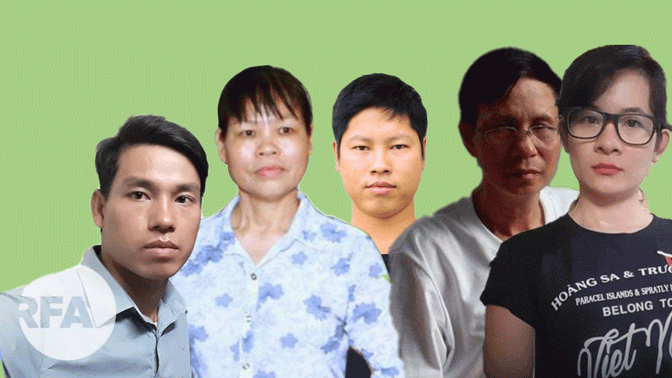 Những người nhận giải Nhân Quyền Việt Nam 2021: (từ trái qua) Trịnh Bá Tư, Cấn Thị Thêu, Trịnh Bá Phương, Nguyễn Văn Túc, Đinh Thị Thu Thủy. Ảnh: RFA