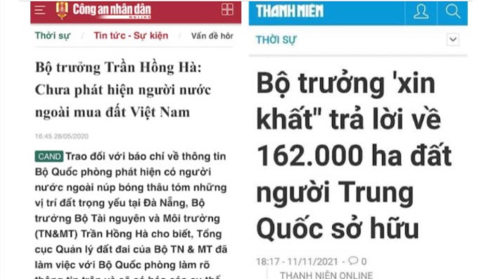 Báo chí trong nước loan tải vụ 162.000 ha đất do người Trung Quốc sở hữu tại Việt Nam. Ảnh: VNTB