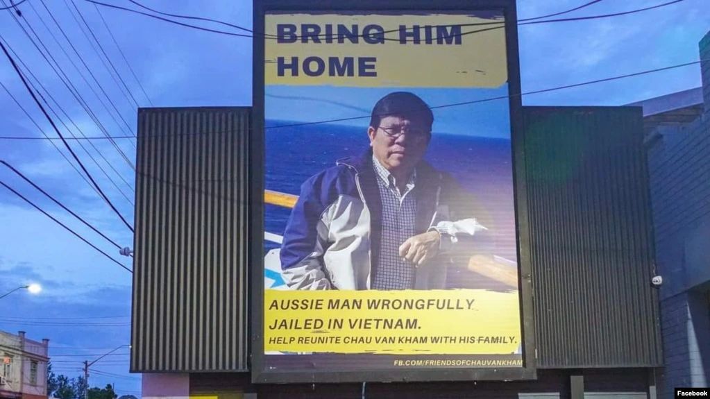 Bảng hiệu ở Sydney kêu gọi vận động trả tự do cho ông Châu Văn Khảm. Ảnh: Facebook Friends of Chau Van Kham