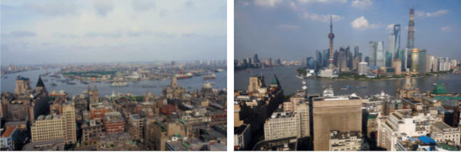 Thành phố Thượng Hải vào đầu thập niên 1980, trái; và hiện giờ, phải. Ảnh: industrytap.com