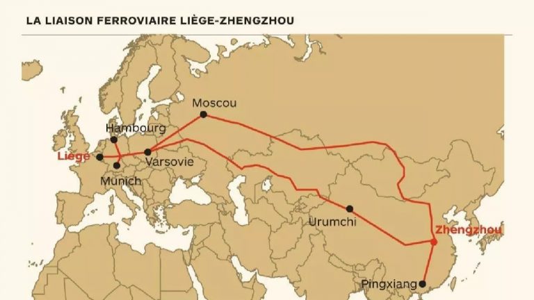 Bản đồ tuyến đường sắt nối thành phố Liège (Bỉ) với thành phố Trịnh Châu (Zhengzhou, Trung Quốc). Ảnh: Awex